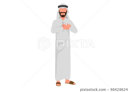 Business flat drawing of Arabian businessman with pleased expression keeps hand on chest, impressed by good words of gratitude. Man expresses love, thankful feeling. Cartoon design vector illustration 98428624