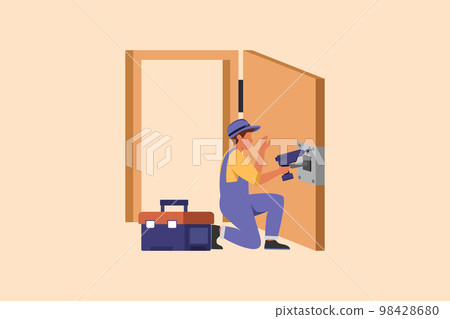 Business flat drawing door service decoration. Repairman in overalls with special equipment repair door element. Locksmith fix lock. Construction indoor services. Cartoon design vector illustration Business flat drawing door service decoration. Repairman in overalls with special equipment repair door element. Locksmith fix lock. Construction indoor services. Cartoon design vector illustration 98428680