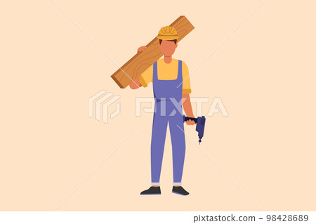 Business design drawing timber frame house construction worker. Repairman standing with board, tool box, and drill. Building, construction, repair work services. Flat cartoon style vector illustration 98428689