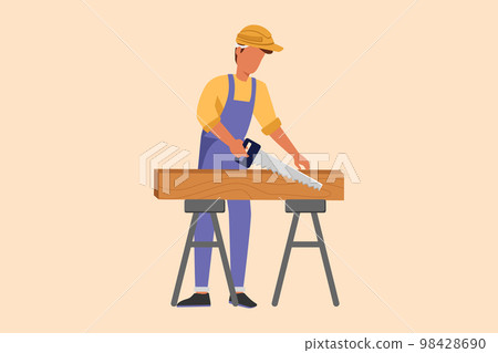 Business flat drawing builder or carpenter repairman sawing boards. Building, construction and repair work services. Real estate, housing. Business timber concept. Cartoon design vector illustration 98428690
