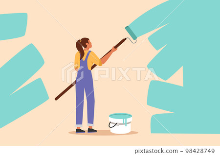Business flat drawing painter decorator repairwoman at work. Female repair worker holding paintbrush roller, painting house apartment wall, home renovation service. Cartoon design vector illustration 98428749