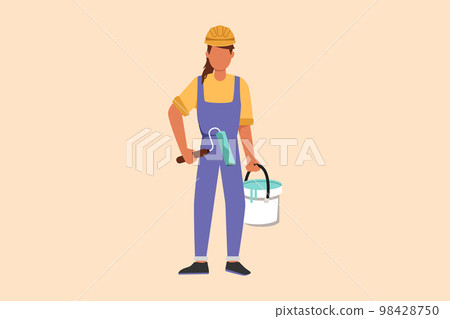 Business design drawing beauty repairwoman standing and holding roller with paint bucket, home repairs, painting walls in house, apartment, professional painter. Flat cartoon style vector illustration 98428750