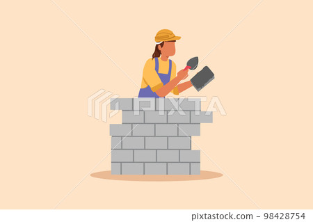 Business design drawing beautiful repairwoman building brick wall. Construction worker in overalls and helmet doing work. Builder concept. Repair work services. Flat cartoon style vector illustration Business design drawing beautiful repairwoman building brick wall. Construction worker in overalls and helmet doing work. Builder concept. Repair work services. Flat cartoon style vector illustration 98428754