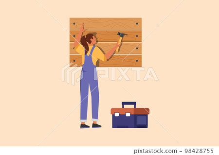 Business flat drawing professional worker in overalls hammering wall. Nail in wood. Beauty repairwoman work at home. Building, construction and repair work services. Cartoon design vector illustration 98428755