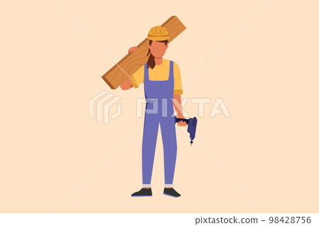 Business design drawing timber frame house construction worker. Repairwoman standing with board, tool box, drill. Building, construction, repair work services. Flat cartoon style vector illustration Business design drawing timber frame house construction worker. Repairwoman standing with board, tool box, drill. Building, construction, repair work services. Flat cartoon style vector illustration 98428756