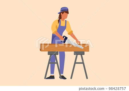 Business flat cartoon style drawing builder or carpenter repairwoman sawing boards. Building, construction, repair services. Real estate, housing. Business timber. Graphic design vector illustration 98428757