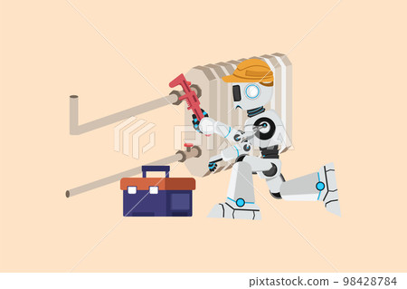 Business flat cartoon style drawing robot plumber repair or install batteries. Repairman fixing pipes in heater battery radiator. Robotic artificial intelligence. Graphic design vector illustration Business flat cartoon style drawing robot plumber repair or install batteries. Repairman fixing pipes in heater battery radiator. Robotic artificial intelligence. Graphic design vector illustration 98428784