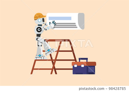 Business flat drawing robot repairman technician repairing air conditioner. Air conditioning unit repair. Humanoid cybernetic organism. Future robotic development. Cartoon design vector illustration Business flat drawing robot repairman technician repairing air conditioner. Air conditioning unit repair. Humanoid cybernetic organism. Future robotic development. Cartoon design vector illustration 98428785
