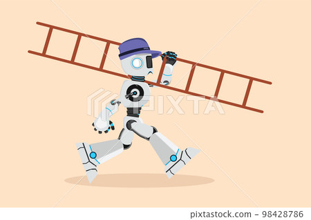 Business design drawing robot repairman with ladder. Carpenter handle activity on renovation home care. Future technology development. Artificial intelligence. Flat cartoon style vector illustration Business design drawing robot repairman with ladder. Carpenter handle activity on renovation home care. Future technology development. Artificial intelligence. Flat cartoon style vector illustration 98428786