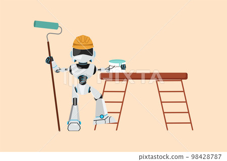 Business flat drawing robot repairman painter standing with painting roller brush, bucket, ladder. Room painter. Humanoid cybernetic organism. Robotic development. Cartoon design vector illustration Business flat drawing robot repairman painter standing with painting roller brush, bucket, ladder. Room painter. Humanoid cybernetic organism. Robotic development. Cartoon design vector illustration 98428787