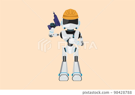 Business design drawing robot repairman worker holding electric drill tool for work repair. Builder fixing home cupboard interior. Future technology development. Flat cartoon style vector illustration Business design drawing robot repairman worker holding electric drill tool for work repair. Builder fixing home cupboard interior. Future technology development. Flat cartoon style vector illustration 98428788