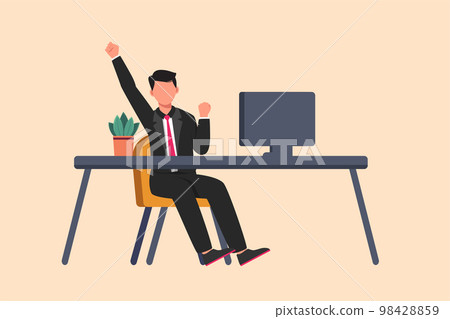 Business design drawing happy businessman sitting on workplace with raised one hand high and raised the other. Worker celebrates success business achievement. Flat cartoon style vector illustration Business design drawing happy businessman sitting on workplace with raised one hand high and raised the other. Worker celebrates success business achievement. Flat cartoon style vector illustration 98428859