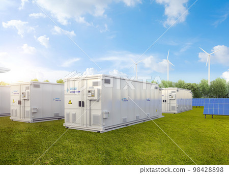 Amount of energy storage systems or battery container units with solar and turbine farm 98428898