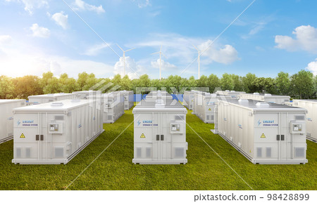 Amount of energy storage systems or battery container units with solar and turbine farm 98428899