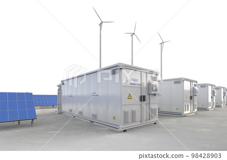 Amount of energy storage systems or battery container units with solar and turbine farm 98428903