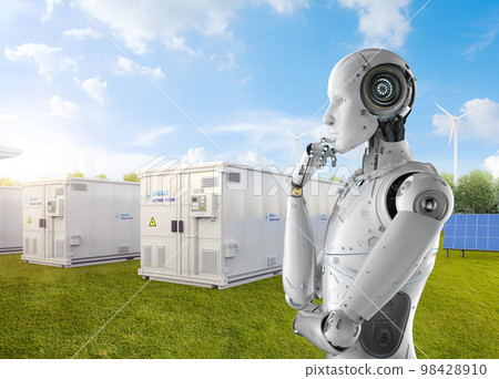 Robot work with energy storage system and solar panel Robot work with energy storage system and solar panel 98428910