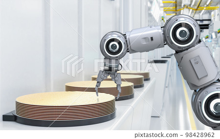 Semiconductor manufacturing with robotic arms with silicon wafers Semiconductor manufacturing with robotic arms with silicon wafers 98428962
