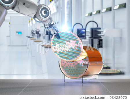 Semiconductor manufacturing with robotic arms with silicon wafers Semiconductor manufacturing with robotic arms with silicon wafers 98428970