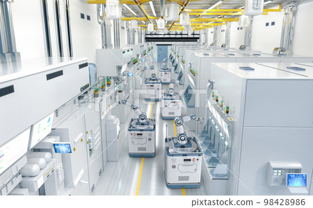 Automation semiconductor manufacturing with robotic arms in factory 98428986