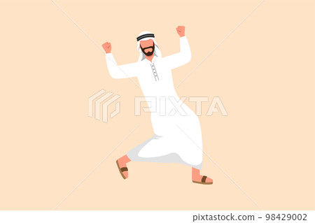 Business flat cartoon style drawing happy Arabian businessman standing with raised clenched fist hands. Male manager celebrating success of increasing product sales. Graphic design vector illustration 98429002