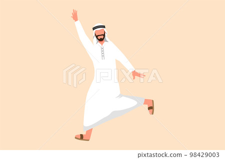 Business flat drawing happy Arab businessman jumping with spreads both legs and raises one hand. Executive manager celebrate achievement of increasing product sales. Cartoon design vector illustration Business flat drawing happy Arab businessman jumping with spreads both legs and raises one hand. Executive manager celebrate achievement of increasing product sales. Cartoon design vector illustration 98429003
