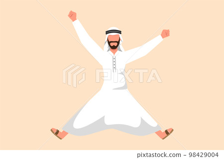 Business design drawing happy Arab businessman jumping with spread arms and legs. Office worker celebrate success business project. Manager achieve goal target. Flat cartoon style vector illustration Business design drawing happy Arab businessman jumping with spread arms and legs. Office worker celebrate success business project. Manager achieve goal target. Flat cartoon style vector illustration 98429004