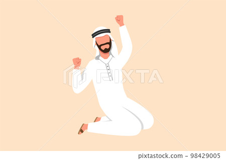 Business flat cartoon style drawing happy Arab businessman kneeling with raised one hand high and raised other. Male manager celebrate success business achievement. Graphic design vector illustration 98429005