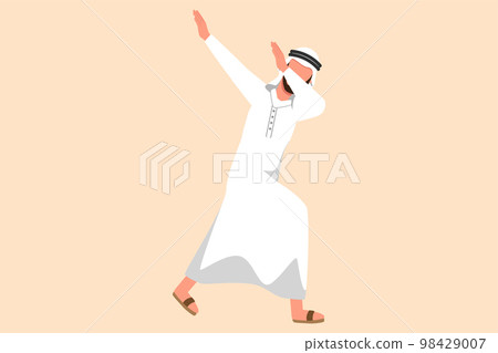 Business flat cartoon style drawing happy Arab businessman standing with crossing arms and look down. Success office worker celebrates salary increase from company. Graphic design vector illustration 98429007