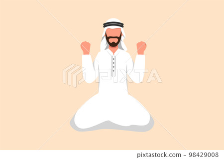 Business design drawing happy Arabian businessman kneeling with yes gesture. Manager celebrating success of increasing company achievement, target, sales, goals. Flat cartoon style vector illustration Business design drawing happy Arabian businessman kneeling with yes gesture. Manager celebrating success of increasing company achievement, target, sales, goals. Flat cartoon style vector illustration 98429008