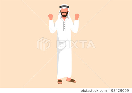Business flat drawing happy Arab businessman standing with both hands and yes gesture. Office worker celebrate success achievement of company business project goals. Cartoon design vector illustration Business flat drawing happy Arab businessman standing with both hands and yes gesture. Office worker celebrate success achievement of company business project goals. Cartoon design vector illustration 98429009