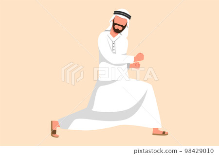 Business design drawing happy Arabian businessman bow with yes gesture. Office worker celebrate success of company project. Successful victory achievement goals. Flat cartoon style vector illustration Business design drawing happy Arabian businessman bow with yes gesture. Office worker celebrate success of company project. Successful victory achievement goals. Flat cartoon style vector illustration 98429010