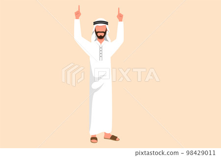 Business design drawing happy Arab businessman standing with pointing index fingers up. Worker celebrates salary increase from company. Success business goals. Flat cartoon style vector illustration Business design drawing happy Arab businessman standing with pointing index fingers up. Worker celebrates salary increase from company. Success business goals. Flat cartoon style vector illustration 98429011