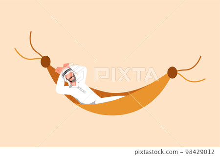 Business design drawing Arabian businessman lying in hammock and dreaming about big money. Comfort, vacation, resting and recreation. Achieve financial freedom. Flat cartoon style vector illustration 98429012