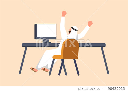 Business flat drawing back view happy Arab businessman completed task and triumphing with raised hands on desk. Successful well done work or business project goals. Cartoon design vector illustration Business flat drawing back view happy Arab businessman completed task and triumphing with raised hands on desk. Successful well done work or business project goals. Cartoon design vector illustration 98429013