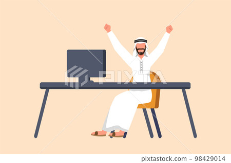 Business flat cartoon style drawing happy Arabian businessman sitting with raised hands near desk with computer. Office worker celebrate success of company project. Graphic design vector illustration Business flat cartoon style drawing happy Arabian businessman sitting with raised hands near desk with computer. Office worker celebrate success of company project. Graphic design vector illustration 98429014