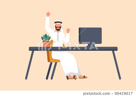 Business design drawing happy Arab businessman sitting near desk with raised one hand high and raised the other. Worker celebrates success business achievement. Flat cartoon style vector illustration 98429017