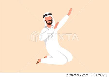 Business flat drawing happy Arab businessman kneeling with celebrating goal pose. Worker celebrate success of increasing company product sales. Business achievement. Cartoon design vector illustration Business flat drawing happy Arab businessman kneeling with celebrating goal pose. Worker celebrate success of increasing company product sales. Business achievement. Cartoon design vector illustration 98429020