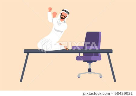 Business design drawing happy Arab businessman kneeling with celebrating goal pose on table desk. Office worker celebrate success of company financial project. Flat cartoon style vector illustration Business design drawing happy Arab businessman kneeling with celebrating goal pose on table desk. Office worker celebrate success of company financial project. Flat cartoon style vector illustration 98429021