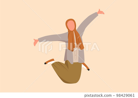Business flat drawing happy Arab businesswoman jump with raised legs and spread arms. Cute female manager celebrating success of increasing company's product sales. Cartoon design vector illustration 98429061