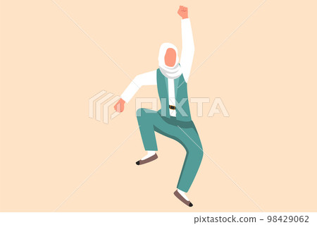 Business flat cartoon drawing happy Arab businesswoman jump with folds one leg and raises one hand. Manager celebrating success of increasing company product sales. Graphic design vector illustration 98429062