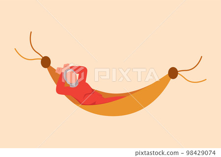 Business flat drawing relaxed Arabian businesswoman lying in hammock and dreaming about big money. Comfort, vacation, resting, recreation. Achieve financial freedom. Cartoon design vector illustration Business flat drawing relaxed Arabian businesswoman lying in hammock and dreaming about big money. Comfort, vacation, resting, recreation. Achieve financial freedom. Cartoon design vector illustration 98429074