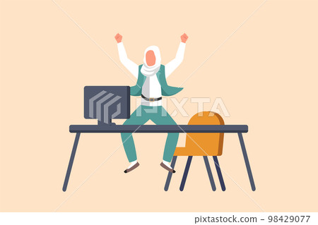 Business flat drawing happy Arab businesswoman jumping with raised hands near desk workplace. Cute manager celebrating success of increasing company product sales. Cartoon design vector illustration Business flat drawing happy Arab businesswoman jumping with raised hands near desk workplace. Cute manager celebrating success of increasing company product sales. Cartoon design vector illustration 98429077