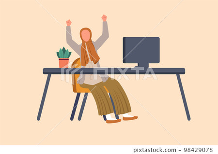 Business design drawing happy Arabian businesswoman sitting with raised hands near table and computer. Worker celebrates salary increase. Business achievement. Flat cartoon style vector illustration Business design drawing happy Arabian businesswoman sitting with raised hands near table and computer. Worker celebrates salary increase. Business achievement. Flat cartoon style vector illustration 98429078
