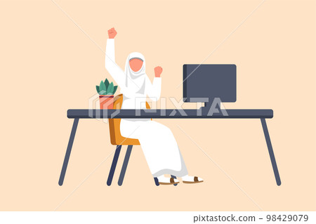 Business flat cartoon style drawing happy Arab businesswoman sitting near desk workplace with raised one hand high with the other. Worker celebrates success business achievement. Graphic design vector Business flat cartoon style drawing happy Arab businesswoman sitting near desk workplace with raised one hand high with the other. Worker celebrates success business achievement. Graphic design vector 98429079