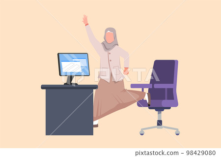 Business design drawing happy Arab businesswoman jumping and dancing on her workplace. Female manager celebrating success of increasing company's product sales. Flat cartoon style vector illustration Business design drawing happy Arab businesswoman jumping and dancing on her workplace. Female manager celebrating success of increasing company's product sales. Flat cartoon style vector illustration 98429080