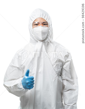 Worker wears medical protective suit or white coverall suit thumb up isolated on white Worker wears medical protective suit or white coverall suit thumb up isolated on white 98429106