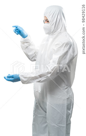 Worker wears medical protective suit or white coverall suit hand extend isolated on white 98429116