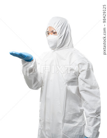 Worker wears medical protective suit or white coverall suit hand extend isolated on white 98429125