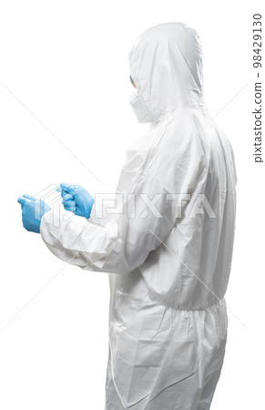 Worker wears medical protective suit or white coverall suit hand extend isolated on white Worker wears medical protective suit or white coverall suit hand extend isolated on white 98429130