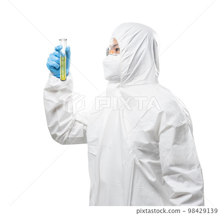 Worker wears medical protective suit or white coverall suit hold test tube isolated on white Worker wears medical protective suit or white coverall suit hold test tube isolated on white 98429139